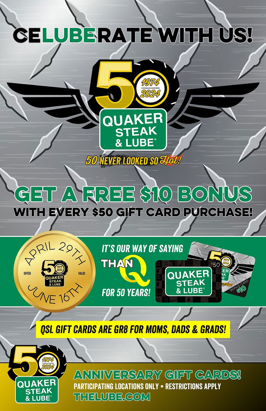 Anniversary Gift Card Special At the Quaker Steak & Lube Raphine Restaurant