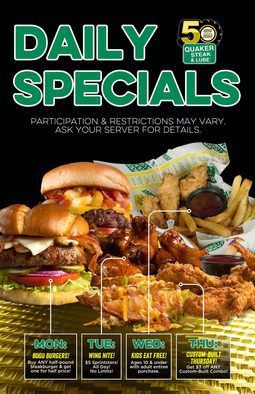 Daily Specials At the Quaker Steak & Lube Raphine Restaurant
