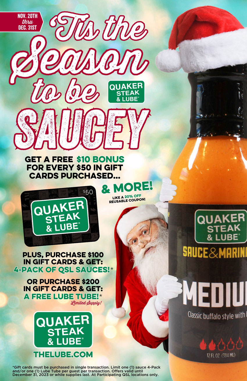 Holiday Gift Card Special At the Quaker Steak & Lube Valley View Restaurant