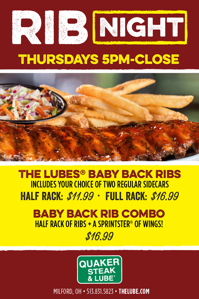 Baby Back Rib Specials At the Quaker Steak & Lube Milford Restaurant